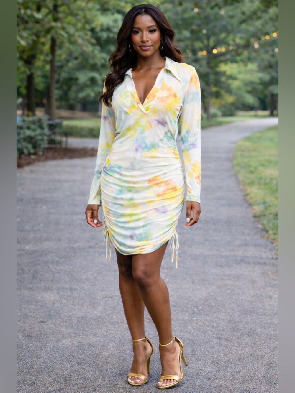 NWT Bar III SZ S white multicolored watercolor dress w/ruching/bust 32”-38”